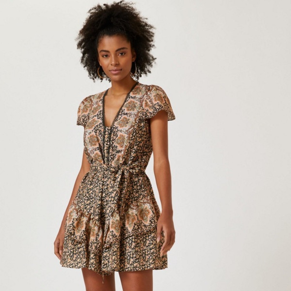 By Anthropologie Flutter-Sleeve Mini V-Neck Dress in Brown Multi Size Small